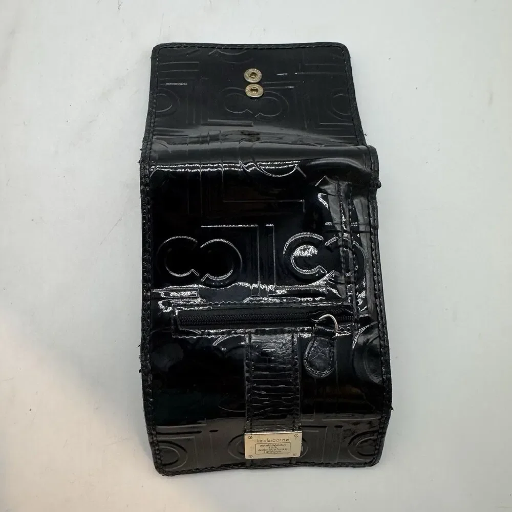 Liz Claiborne Black Patent Leather Trifold Logo Wallet ID CC Cash Coin Organizer